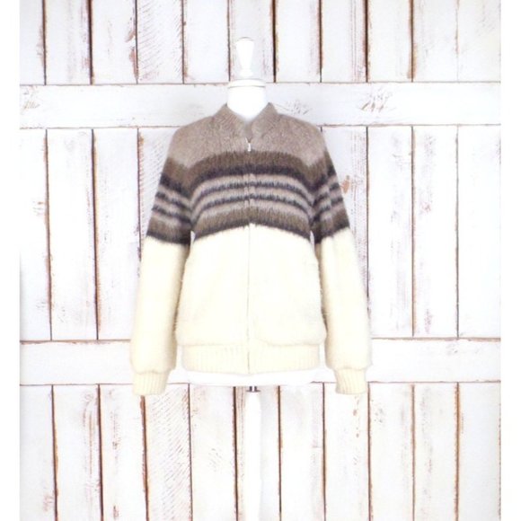Vintage Tundra ivory/brown striped thick virgin wool knit chunky cardigan - Picture 1 of 5
